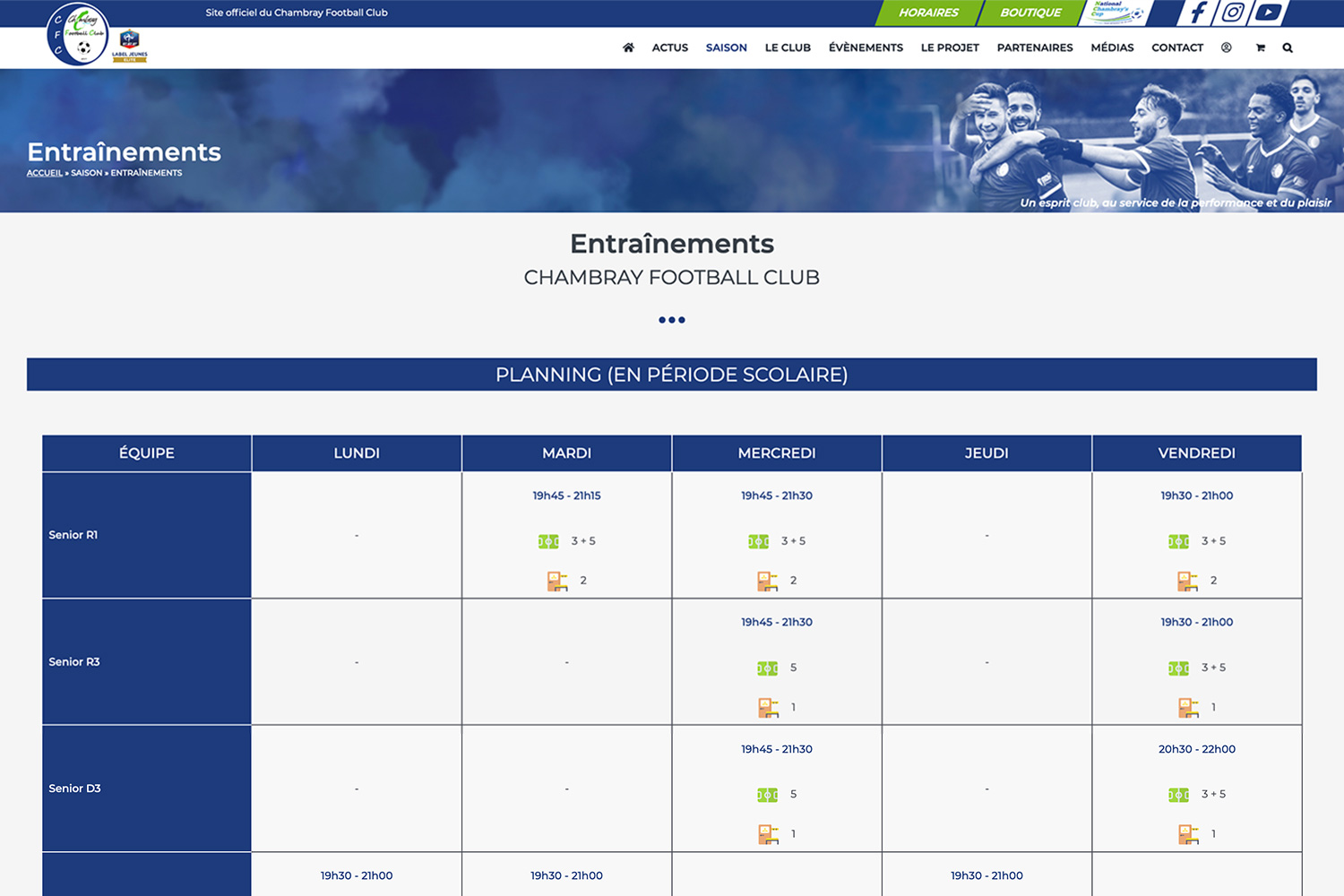 Copie écran du planning des entraînements pour la création du site internet du Chambray FC