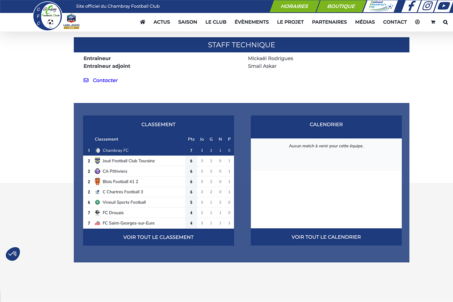 Copie écran d'une page équipe pour la création du site internet du Chambray FC