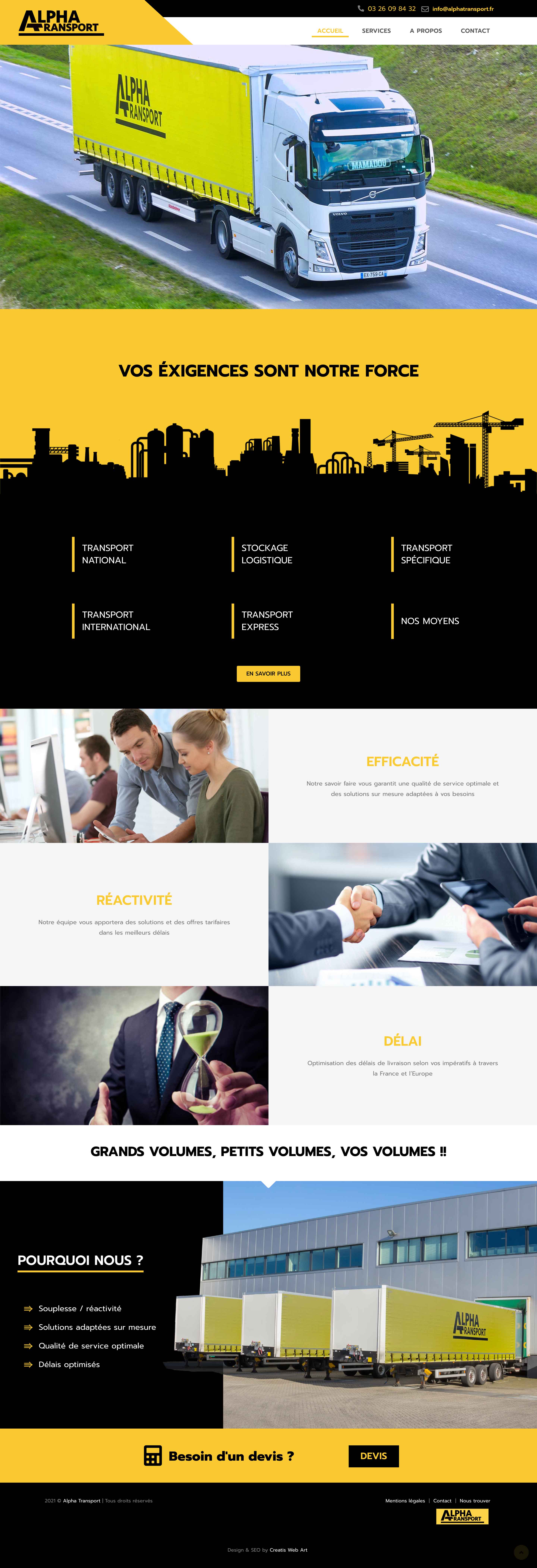 Capture écran de la page d'accueil du site internet de la société Alpha Transport réalisé Creatis Web Art